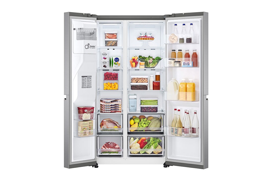 LG Refrigeradora Side by Side 28.7pᶟ(Gross) / 27.2pᶟ(Net) LG GS75SPP DoorCooling⁺™ Compresor Smart Inverter, vista frontal abierta de la comida, GS75SPP, thumbnail 2