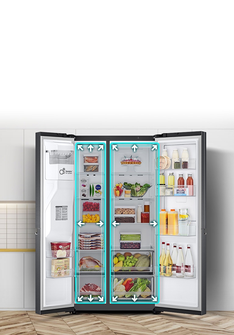 Un video comienza con la vista frontal del refrigerador con ambas puertas abiertas. Los espacios interiores están delineados con líneas de neón y las flechas comienzan a empujar las líneas para mostrar que ahora hay más espacio en el interior. El cuadrado de neón alrededor de los espacios interiores parpadea para mostrar la diferencia entre el nuevo espacio y el antiguo espacio más pequeño que ahora se destaca en una línea blanca punteada.