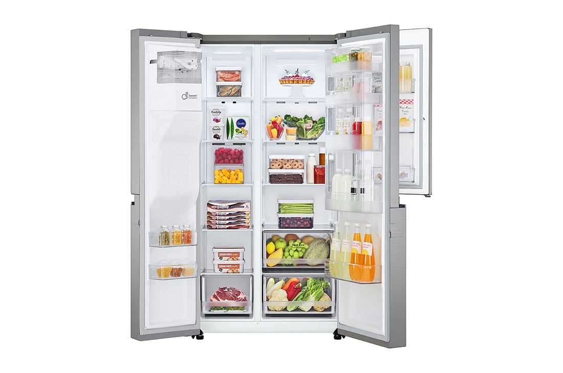 LG Refrigeradora Side by Side 23.8pᶟ (Gross) / 21.6pᶟ (Net)  LINEARCooling™ Multi Air Flow™ ThinQ™ Platinum Silver , vista frontal abierta de la comida, LS65WDPK, thumbnail 2