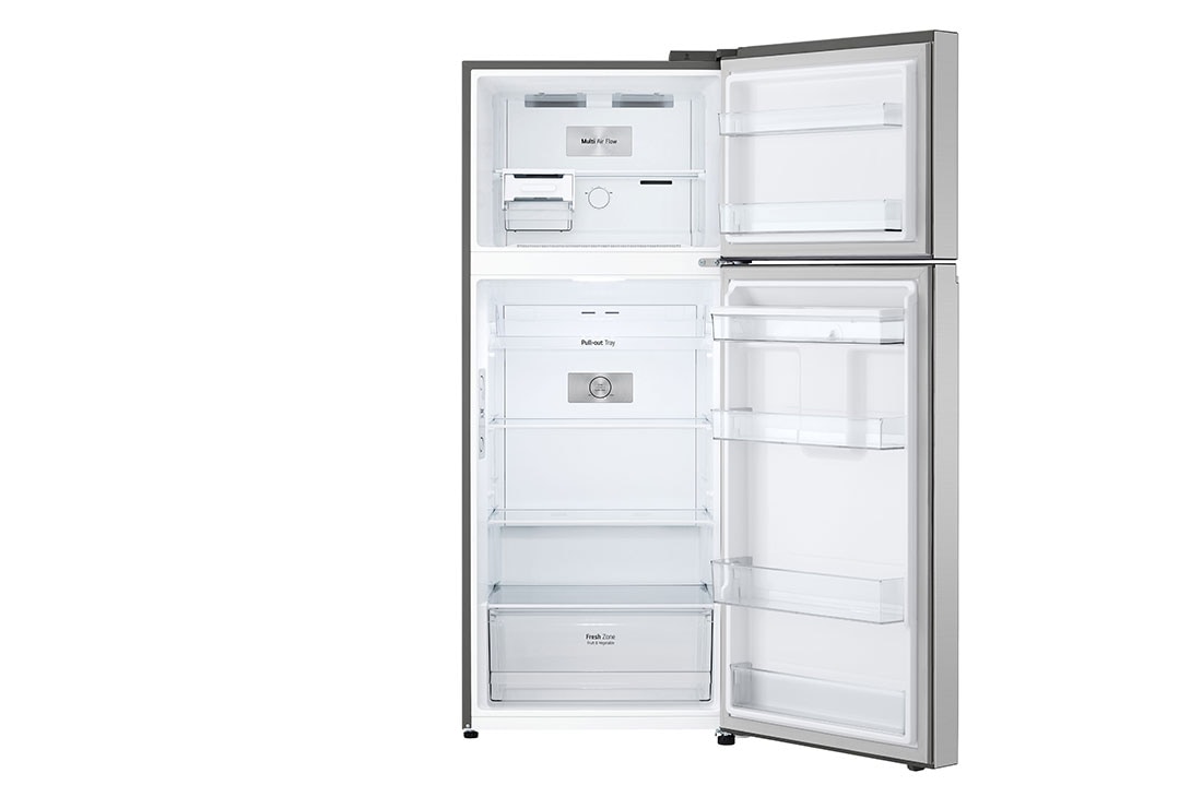 LG Refrigeradora Top Freezer 14.5 pᶟ (Net) / 13.2 pᶟ (Gross) Smart Linear InverterCooling™ Dispensador Agua, vista abierta desde perspectiva superior con alimentos almacenados, VT38WPP, thumbnail 11