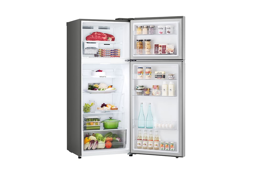LG Refrigeradora Top Freezer 7.7 pᶟ (Net) /  8.3 pᶟ (Gross) LG VT24BPPM Smart Linear InverterCooling™ - Plata con Multi Air Flow | SMART INVERTER, open view with food stored, VT24BPPM, thumbnail 9