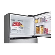 LG Refrigeradora Top Freezer 7.7 pᶟ (Net) /  8.3 pᶟ (Gross) LG VT24BPPM Smart Linear InverterCooling™ - Plata con Multi Air Flow | SMART INVERTER, top freezer opened with moving ice maker attached and food stored, VT24BPPM, thumbnail 6