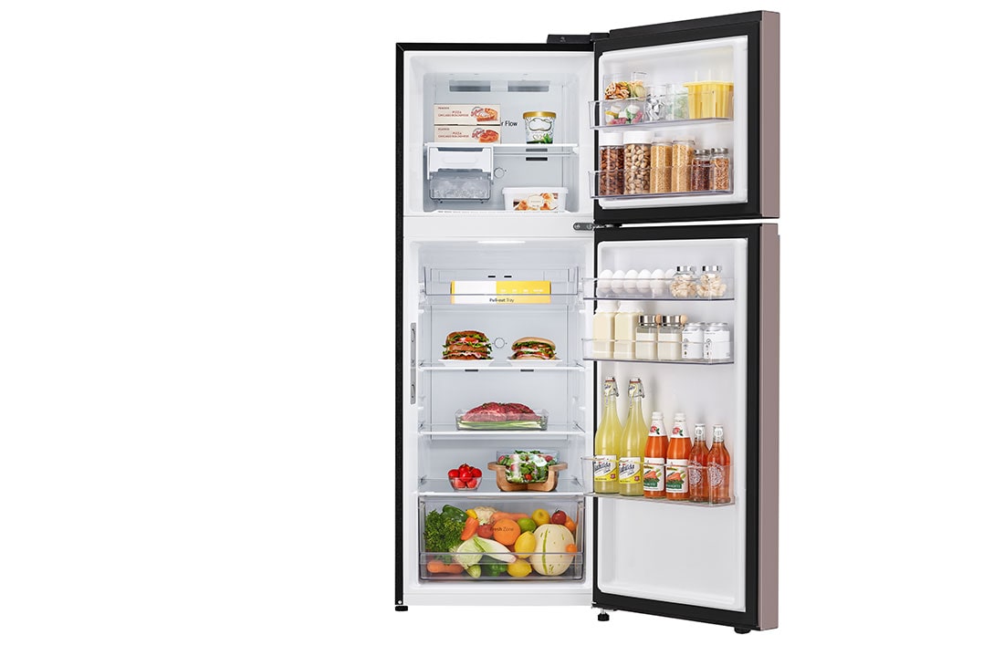 LG Refrigeradora Top Freezer 13.2pᶟ (Net) / 14 pᶟ (Gross) LG Smart Inverter Compressor™ LINEARCooling™ Puerta Clay Pink, front open view with food stored, VT38BPK, thumbnail 2