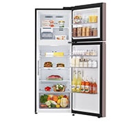 LG Refrigeradora Top Freezer 13.2pᶟ (Net) / 14 pᶟ (Gross) LG Smart Inverter Compressor™ LINEARCooling™ Puerta Clay Pink, front open view with food stored, VT38BPK, thumbnail 2