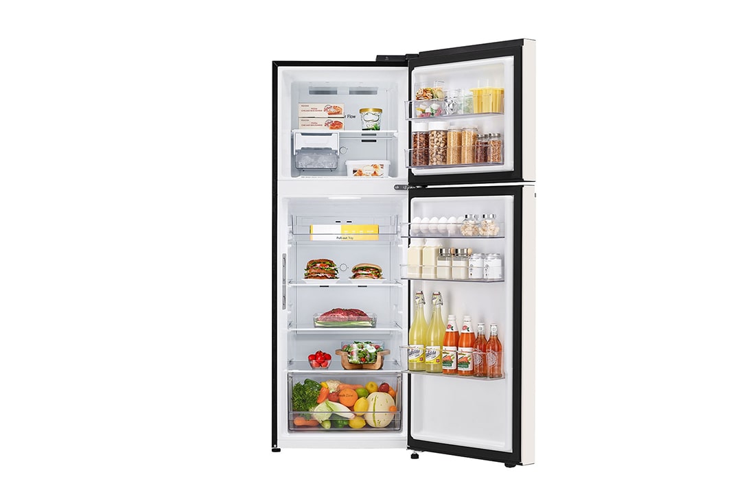 LG Refrigeradora Top Freezer 13.2pᶟ (Net) / 14 cuft (Gross) LG Smart Inverter Compressor™ LINEARCooling™ Puerta Nature Beige, front open view with food stored, VT38BPB, thumbnail 2