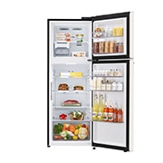 LG Refrigeradora Top Freezer 13.2pᶟ (Net) / 14 cuft (Gross) LG Smart Inverter Compressor™ LINEARCooling™ Puerta Nature Beige, front open view with food stored, VT38BPB, thumbnail 2