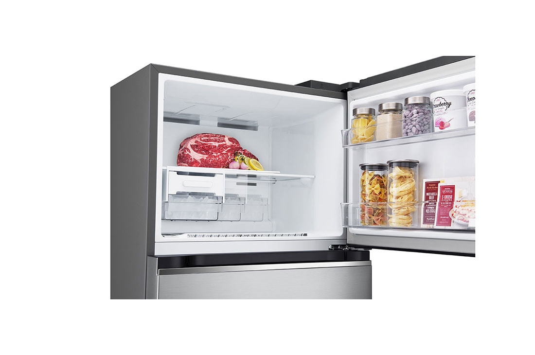 LG Refrigerador Top Mount 14 pies cúbicos (gross) -Silver con Multi Air Flow | Inverter, top freezer opened with moving ice maker attached and food stored, VT40BPN, thumbnail 6