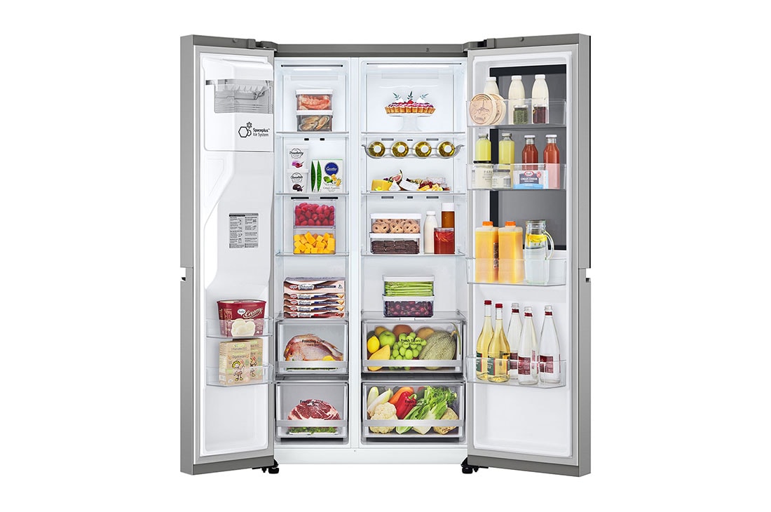 LG Refrigeradora Side By Side 22.4pᶟ (Net) / 24pᶟ (Gross) ThinQ™ InstaView™ Smart Inverter, Silver, front view with open door with food, VS25GMIW, thumbnail 2