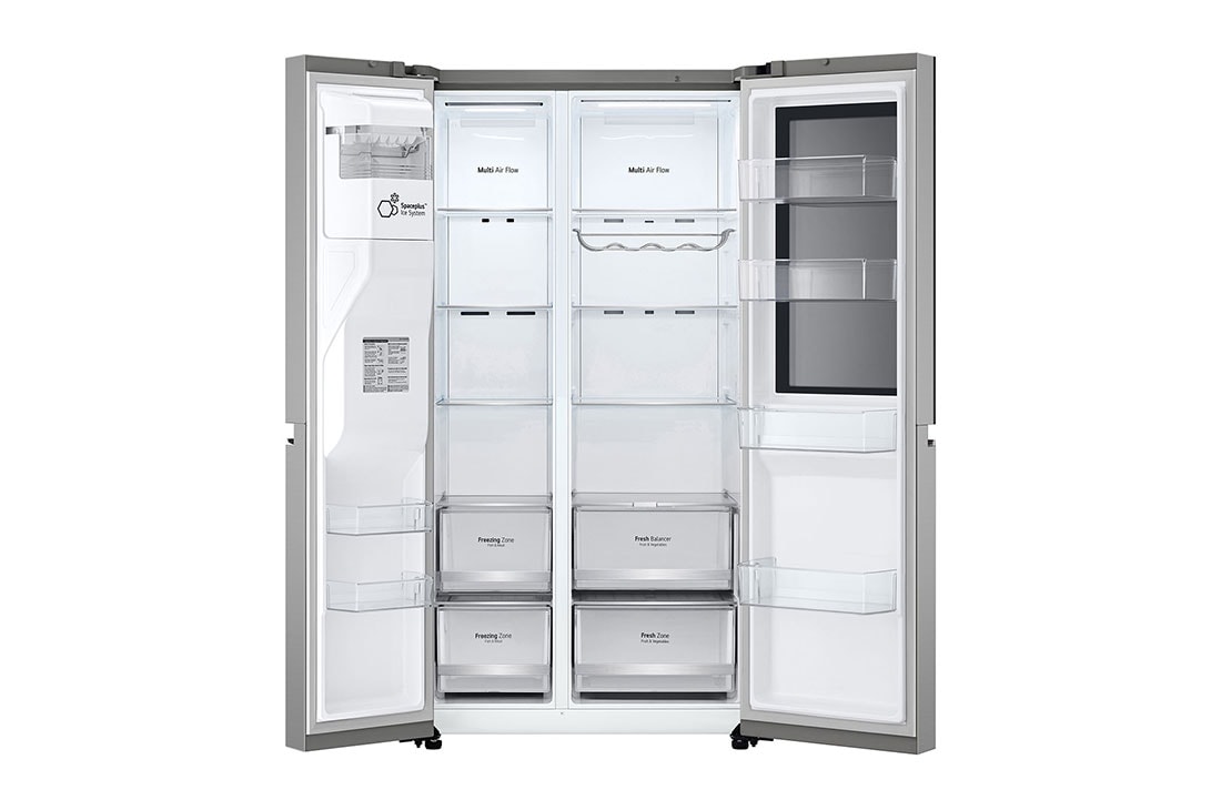 LG Refrigeradora Side By Side 22.4pᶟ (Net) / 24pᶟ (Gross) ThinQ™ InstaView™ Smart Inverter, Silver, front view with open door without food, VS25GMIW, thumbnail 3
