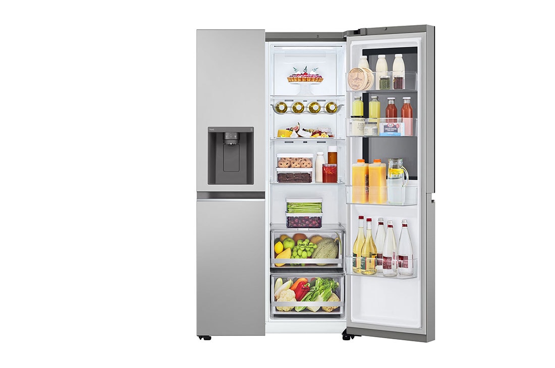 LG Refrigeradora Side By Side 22.4pᶟ (Net) / 24pᶟ (Gross) ThinQ™ InstaView™ Smart Inverter, Silver, front view with open side door with food, VS25GMIW, thumbnail 4