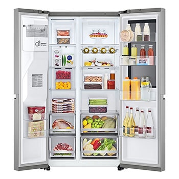 LG Refrigeradora Side By Side 22.4pᶟ (Net) / 24pᶟ (Gross) ThinQ™ InstaView™ Smart Inverter, Silver, front view with open door with food, VS25GMIW, thumbnail 2