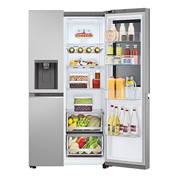 LG Refrigeradora Side By Side 22.4pᶟ (Net) / 24pᶟ (Gross) ThinQ™ InstaView™ Smart Inverter, Silver, front view with open side door with food, VS25GMIW, thumbnail 4