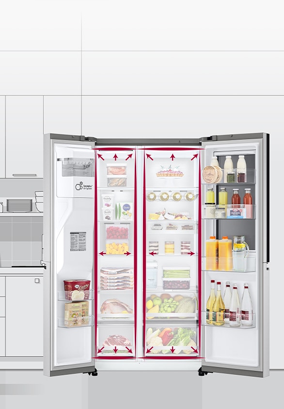 Los espacios interiores están delineados con líneas de neón y flechas que empujan las líneas hacia afuera para mostrar que ahora hay más espacio dentro.