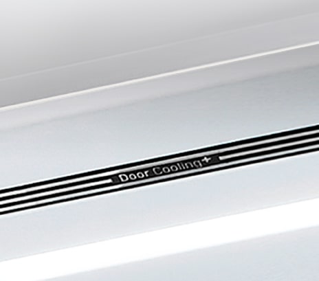 Vista diagonal hacia la parte superior del refrigerador mostrando la iluminación LED suave.