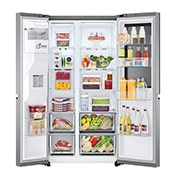 LG Refrigeradora Side by Side 769L LG ThinQ™ InstaView, front view open door with food, VS27GNID, thumbnail 3