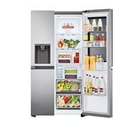 LG Refrigeradora Side by Side 769L LG ThinQ™ InstaView, front view one side open door with food, VS27GNID, thumbnail 5
