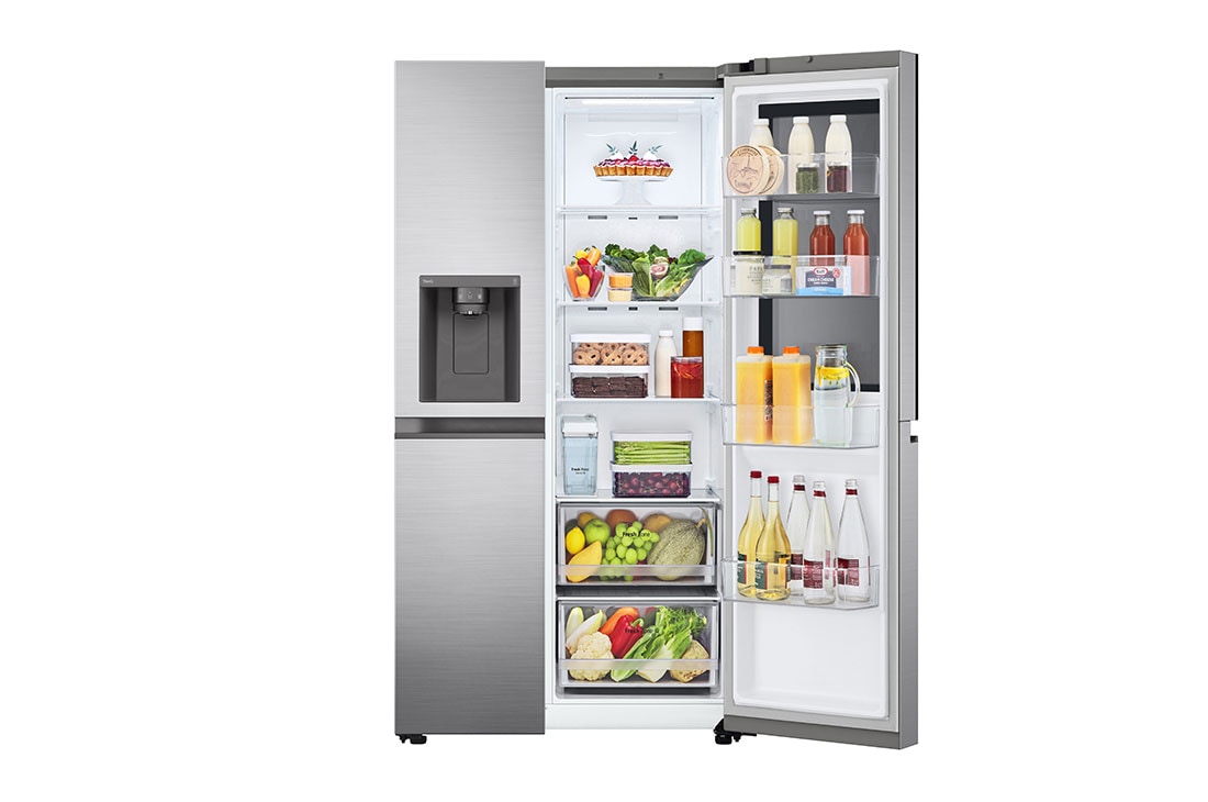 LG Refrigeradora Side by Side 769L LG ThinQ™ InstaView, front view one side open door with food, VS27GNID, thumbnail 5