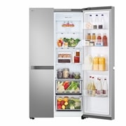 LG Refrigeradora Side By Side 23pᶟ(Gross) / 22pᶟ (Net) Smart Inverter Prime Silver, Front right door open view with food, VS25BJNK, thumbnail 7