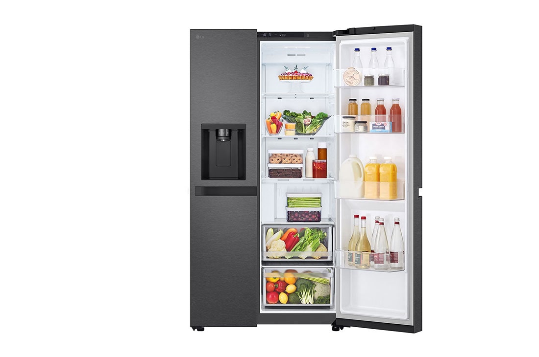 LG Refrigeradora Side by Side 23pᶟ(Gross) / 22pᶟ(Net) Smart Inverter Essence Matte Black, one door open with food view, VS25LQIK, thumbnail 8