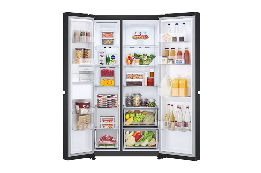LG Refrigeradora LG Side by Side 27pᶟ (Net) Negro Matte Smart Inverter, Full Door open with food, VS28BPT, thumbnail 3