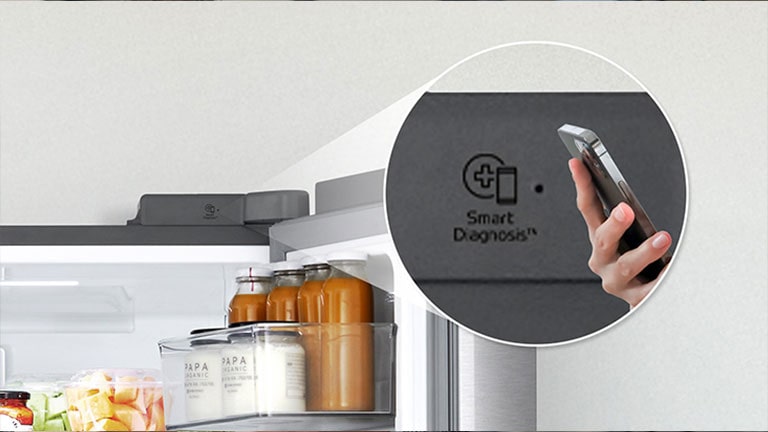 Zoomed in image of smart diagnosis™ in LG multi door refrigerator.