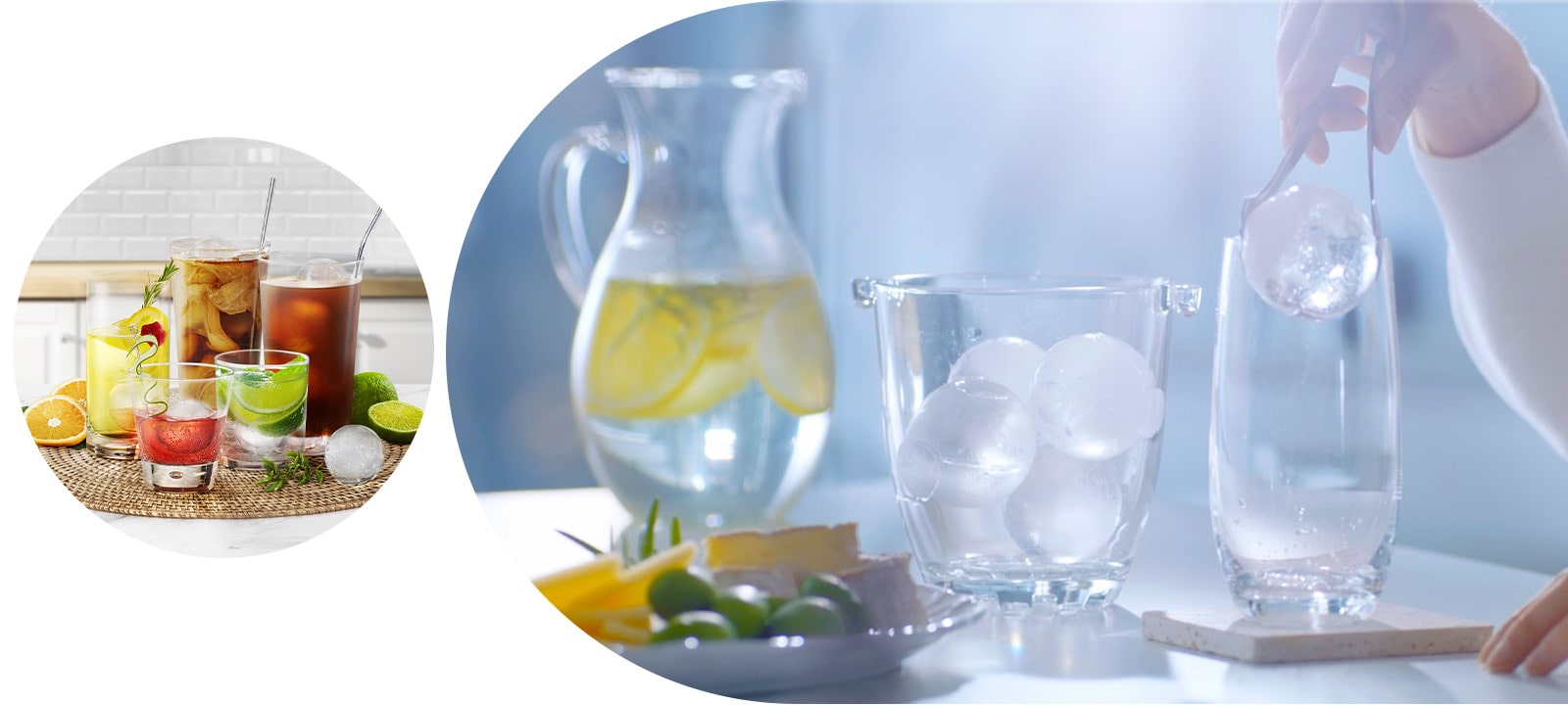 Mostrando cómo el hielo esférico hecho con CraftIce™ se armoniza con diversas bebidas.