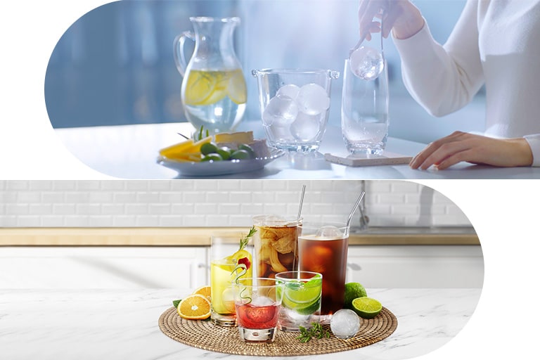 Mostrando cómo el hielo esférico hecho con CraftIce™ se armoniza con diversas bebidas.