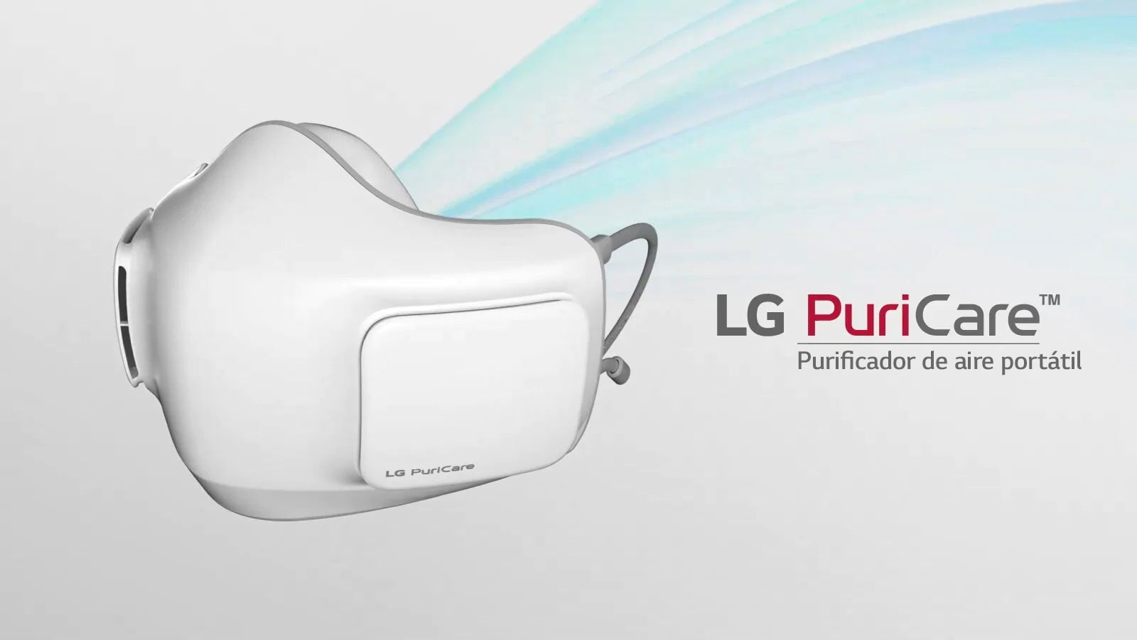 La máscara LG PuriCare se muestra de frente, con líneas azules emanando desde su interior en el fondo.