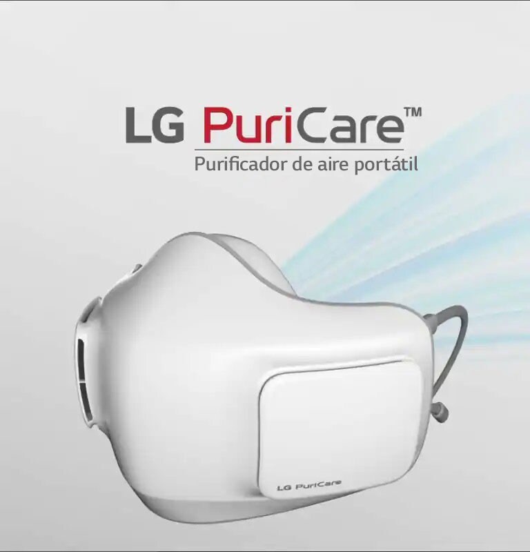 La máscara LG PuriCare se muestra de frente, con líneas azules emanando desde su interior en el fondo.