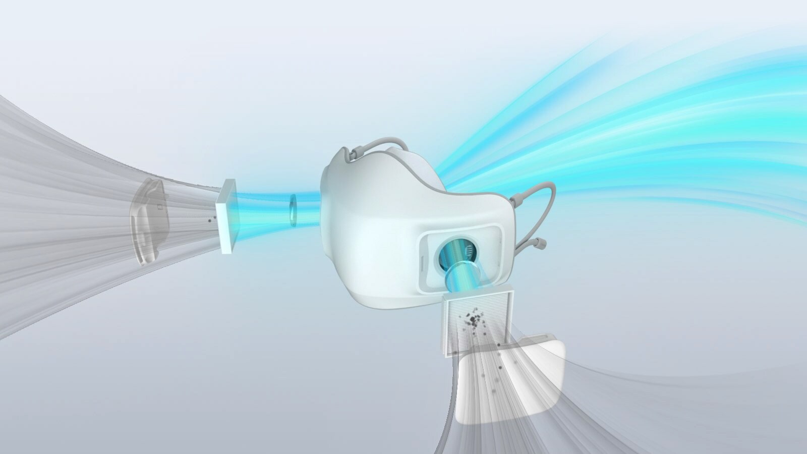Un video muestra la Máscara PuriCare de frente y de lado. Los filtros HEPA se expanden, atrapando partículas y polvo.