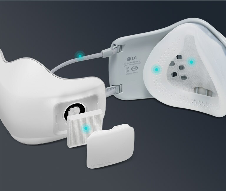 La primera imagen muestra un filtro desechable con un punto azul. La segunda muestra puntos y ligas lavables en la máscara.