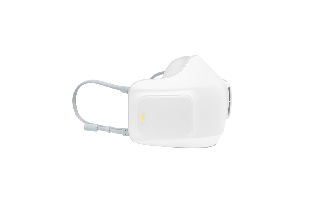 LG PuriCare™ Ventilador Dual Inverter Filtro HEPA H13, Vista del lado derecho en un ángulo de 45 grados con una luz naranja indicando una batería baja, AP300AWFA, thumbnail 5