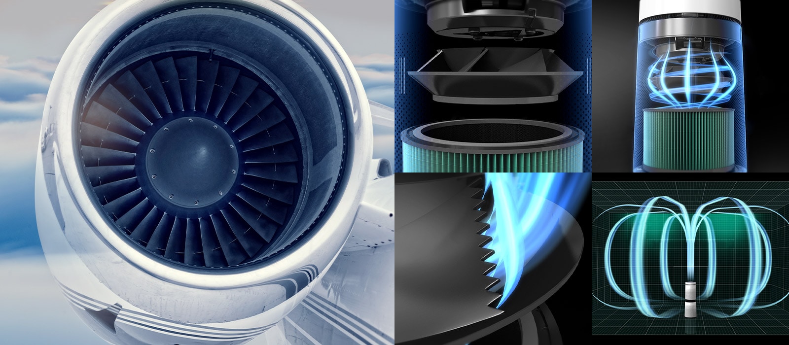 A la izquierda, un motor de avión; a la derecha, cuatro imágenes muestran la mejora del ventilador de 360°.