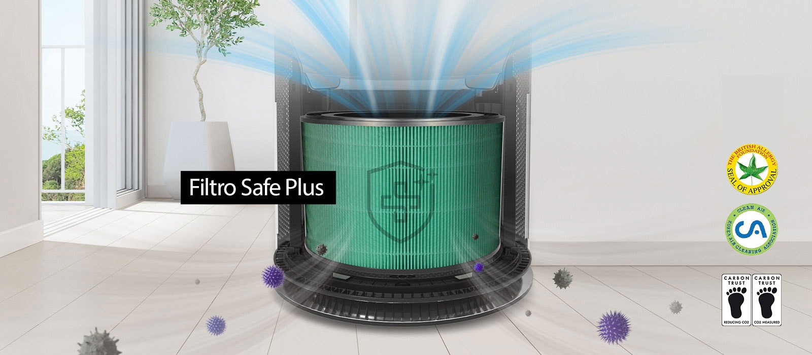 En una mitad del purificador, el filtro de desodorización; en la otra, el filtro Safe Plus.
