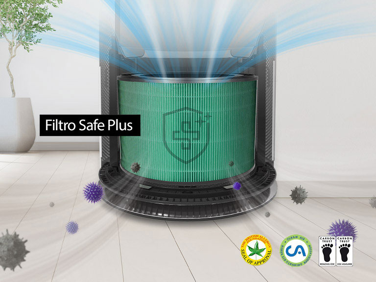 En una mitad del purificador, aparece el filtro de desodorización mientras que en la otra mitad, se muestra el filtro Safe Plus de la máquina.