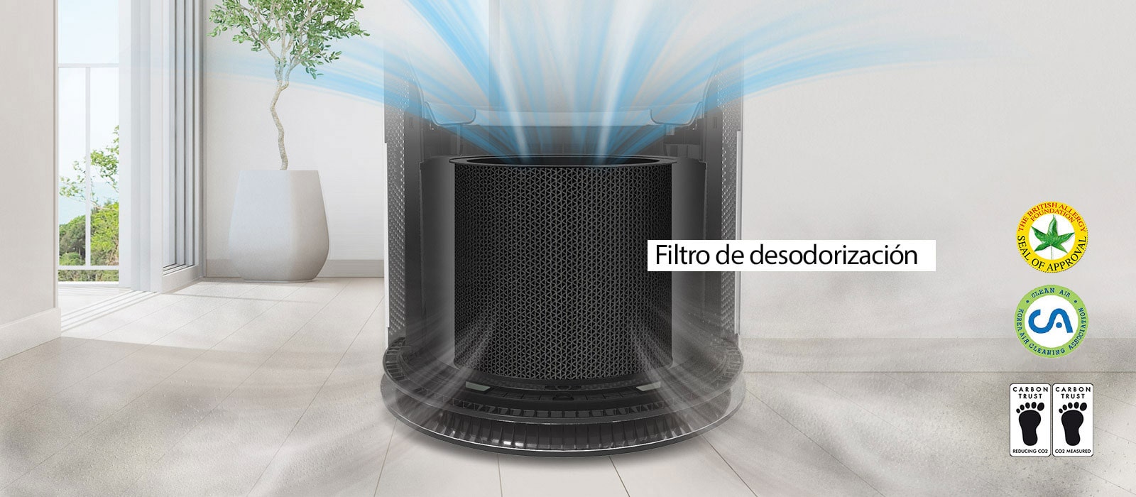 En una mitad del purificador, aparece el filtro de desodorización mientras que en la otra mitad, se muestra el filtro Safe Plus de la máquina.