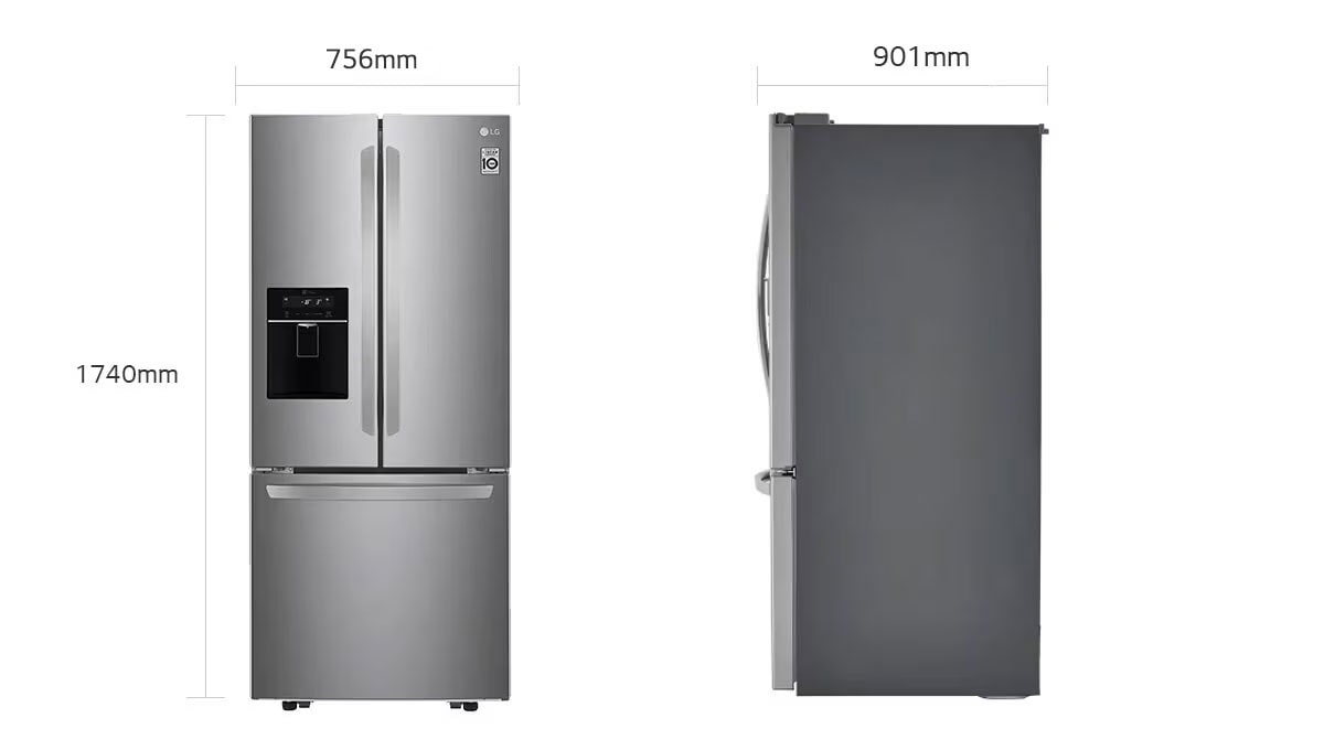 Front and side views of a stainless steel LG French door refrigerator with water dispenser, showing dimensions: 1740mm height, 756mm width, and 901mm depth.