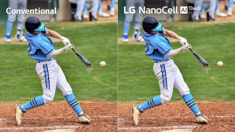 Una escena de un partido de fútbol, la mitad en un televisor LCD / LED convencional con calidad de imagen borrosa, y la otra mitad en un televisor LG NanoCell con calidad de imagen clara