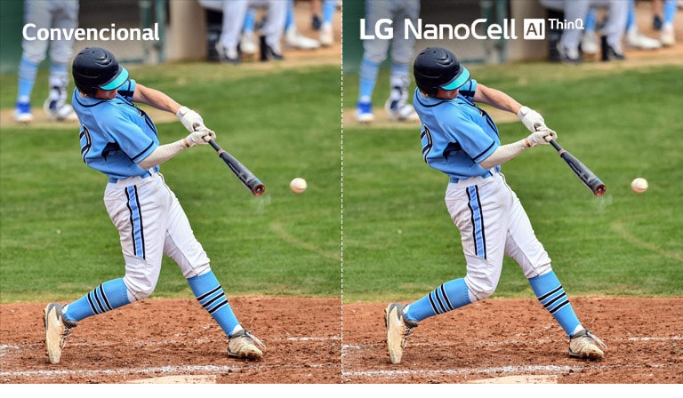 Una escena de un partido de futbol, mitad en un LCD/LED TV convencional con calidad de imagen borrosa, y la otra mitad en un LG NanoCell TV con calidad de imagen nítida