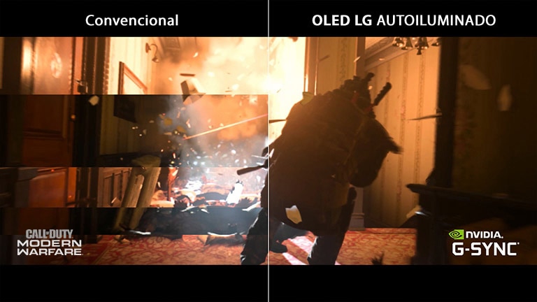 Una escena de un juego mostrado en una TV convencional con ruptura y la otra mitad en una LG OLED TV sin ruptura
