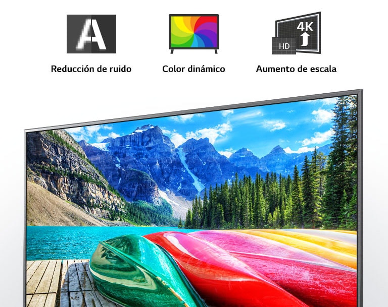 Íconos de reducción de ruido, color dinámico y aumento de escala y una pantalla de TV que muestra una vista panorámica de montañas, bosques y un lago.