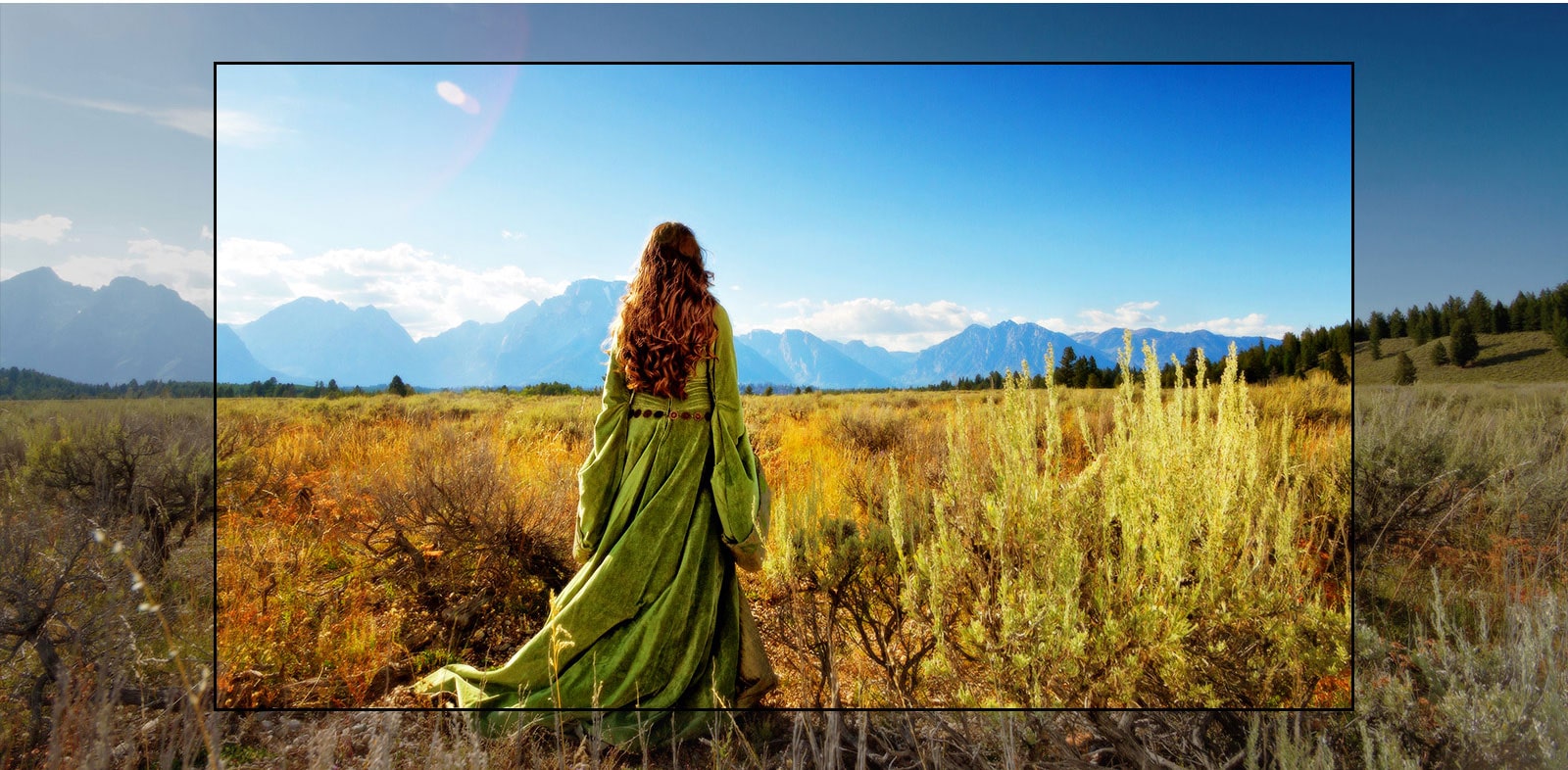 Una pantalla de televisión que muestra una escena de una película de fantasía con una mujer de pie en los campos mirando hacia a las montañas.