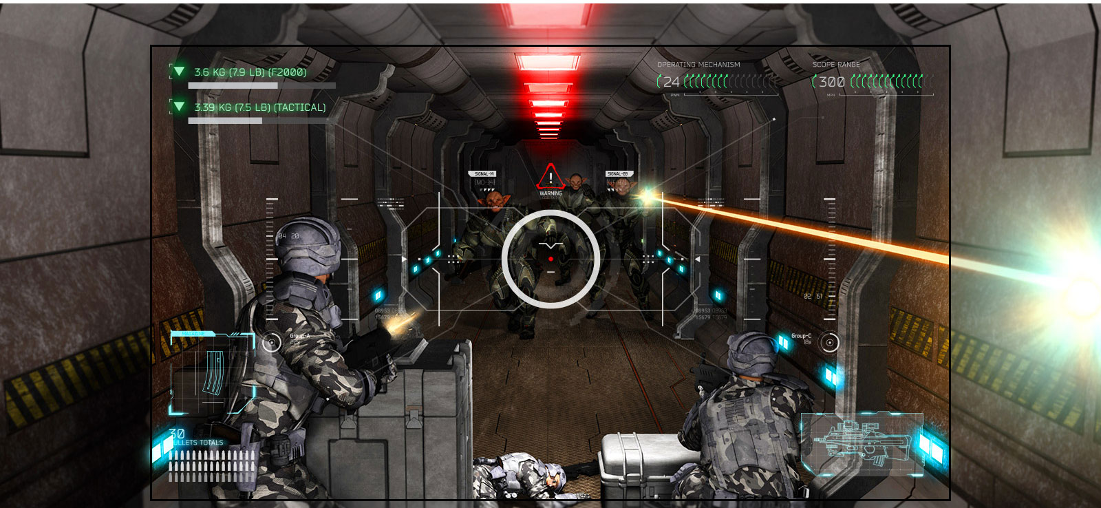 TV que muestra una escena de un juego de disparos donde el jugador es dominado por extraterrestres con armas de fuego.