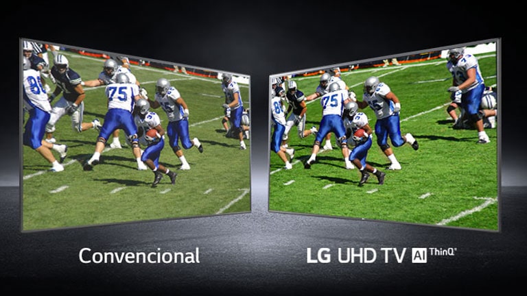 Una imagen de jugadores jugando en un campo de fútbol se muestra en las vistas. Una se muestra en una pantalla convencional y la otra en una TV UHD.