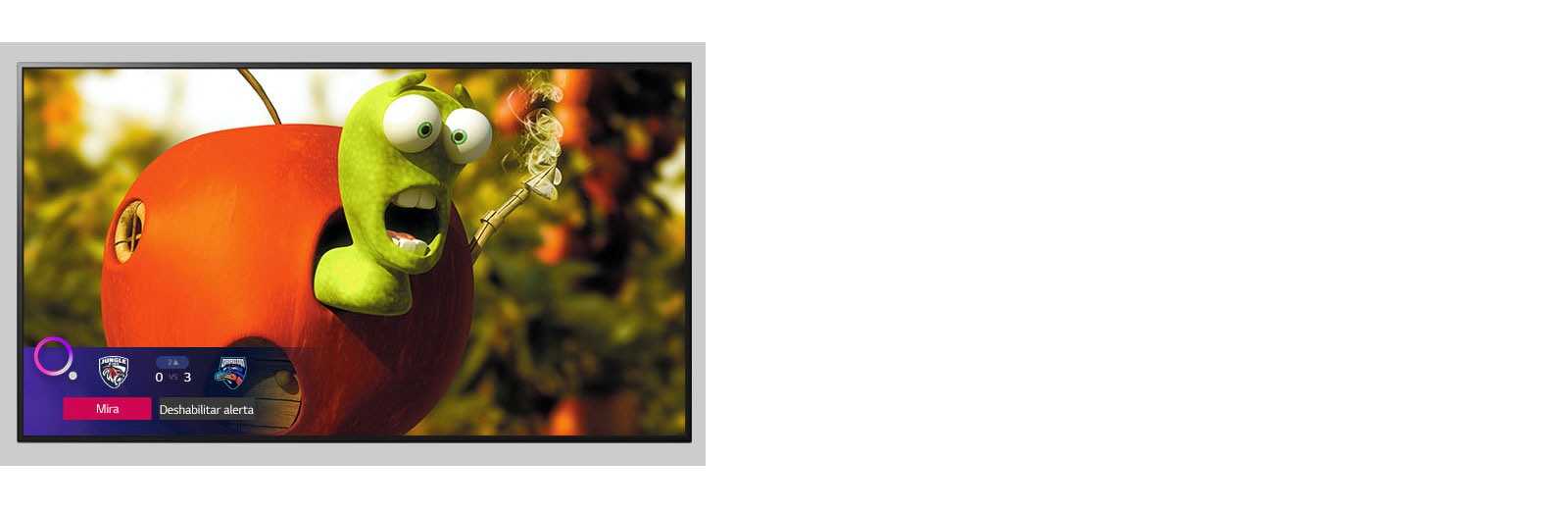 TV que muestra un personaje de dibujos animados y una Sports Alert en la parte inferior de la pantalla.