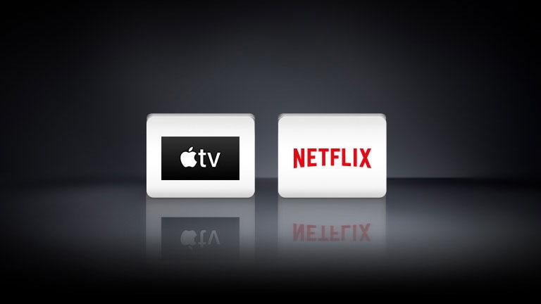 Se muestran cuatro logotipos de aplicaciones de izquierda a derecha: Apple TV, Disney+, Netflix y los canales LG.