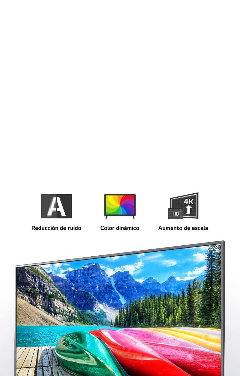 Íconos de reducción de ruido, color dinámico y aumento de escala y una pantalla de TV que muestra una vista panorámica de montañas, bosques y un lago.