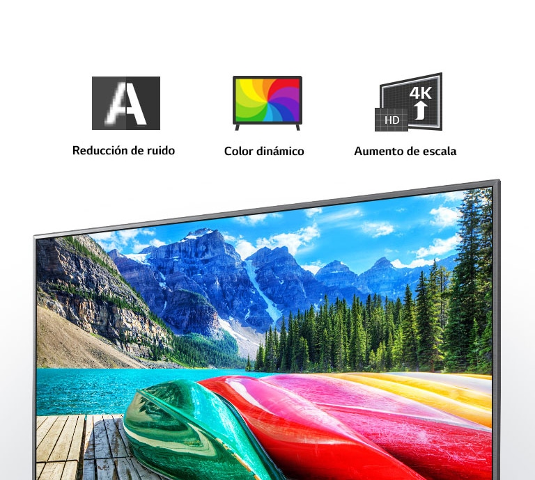 Íconos de reducción de ruido, color dinámico y aumento de escala y una pantalla de TV que muestra una vista panorámica de montañas, bosques y un lago.