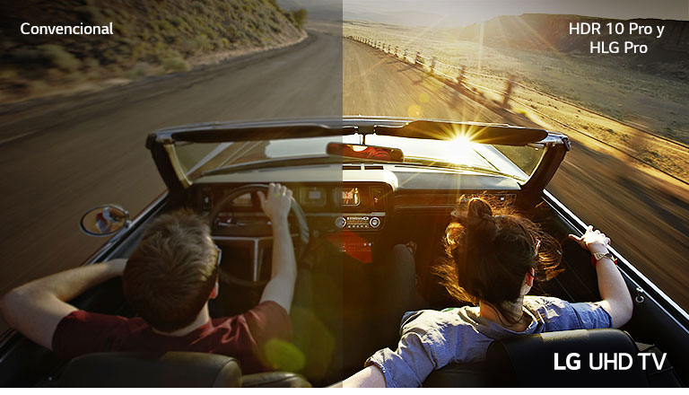 Una pareja en un coche conduciendo por una carretera. La mitad se muestra en una pantalla convencional con baja calidad de imagen. La otra mitad se muestra con una calidad de imagen de TV LG UHD nítida y vívida.