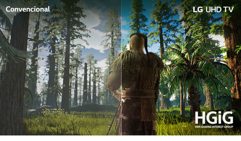 Pantalla de TV que muestra la escena de un juego con un hombre parado en medio de un bosque. La mitad se muestra en una pantalla convencional con baja calidad de imagen. La otra mitad se muestra en la pantalla del TV LG UHD con una calidad de imagen nítida y vívida.